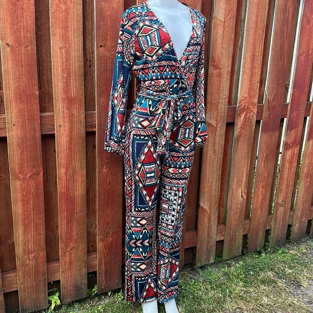 Impulsive Women’s Print Long Sleeve Deep-V Wide Leg Jumpsuit Size M - Picture 4 of 12